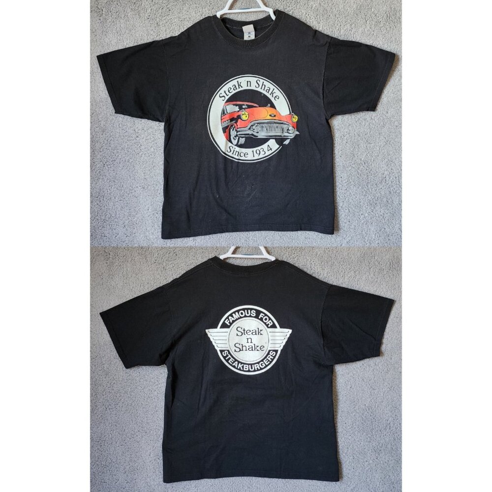VTG 90s Steak N' Shake Fast Food Burgers Hotrod Promo Black T Shirt Size Large